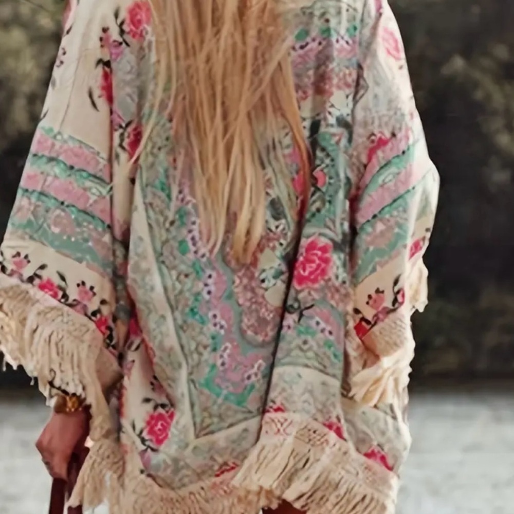 Floral Print Fringe Hem Beach Cover Up Kimono - Picture 3 of 6